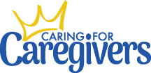 Caring for Caregivers Logo Consisting of a gold three tipped sketch of a crown, resting atop the words "Caring for Caregivers" in blue.