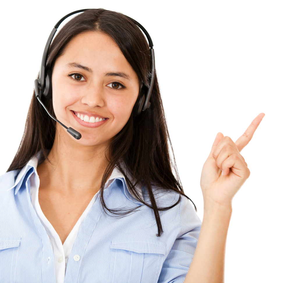 Happy woman with headset pointing - isolated over a white background